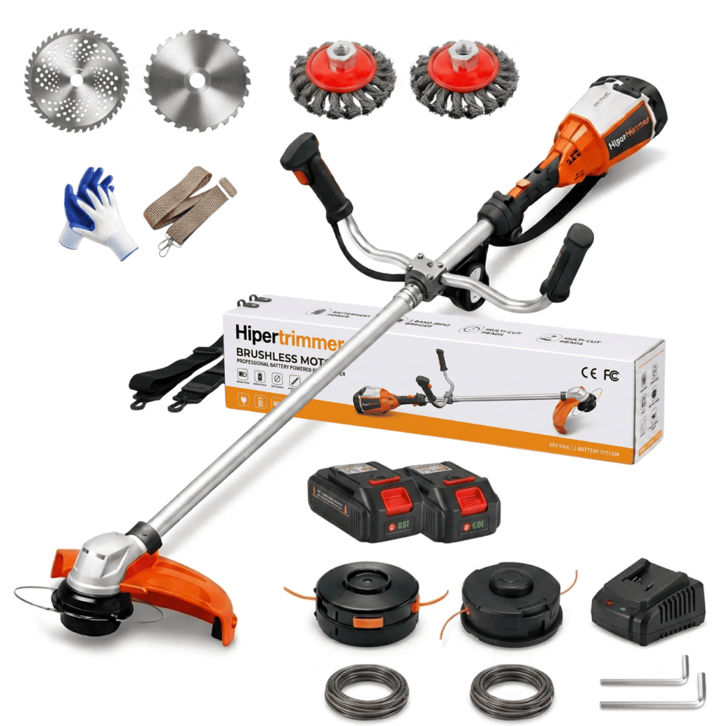 Hipertrimmer — decespugliatore a batteria 60V brushless 3000W con doppia batteria al litio, 3 teste di taglio intercambiabili e cintura ergonomica