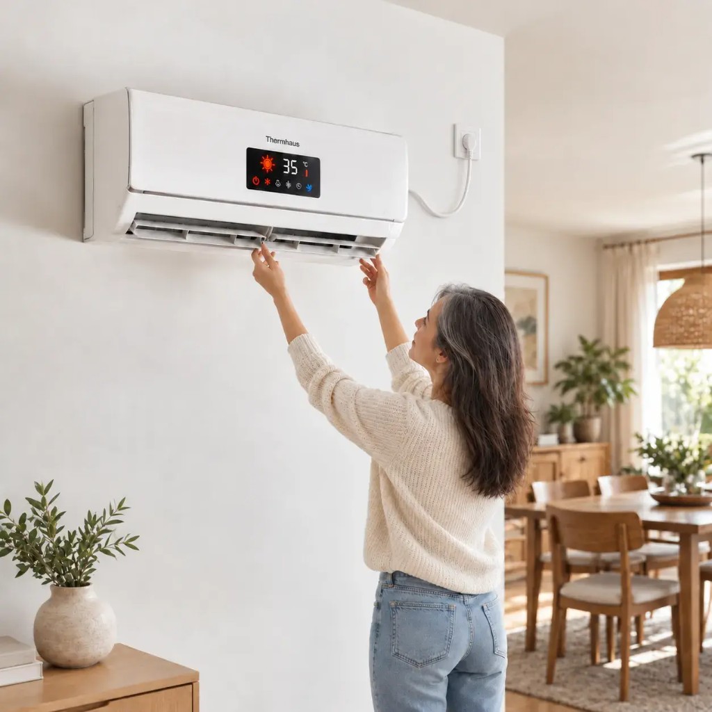Žena montuje Thermhaus na zeď u zásuvky